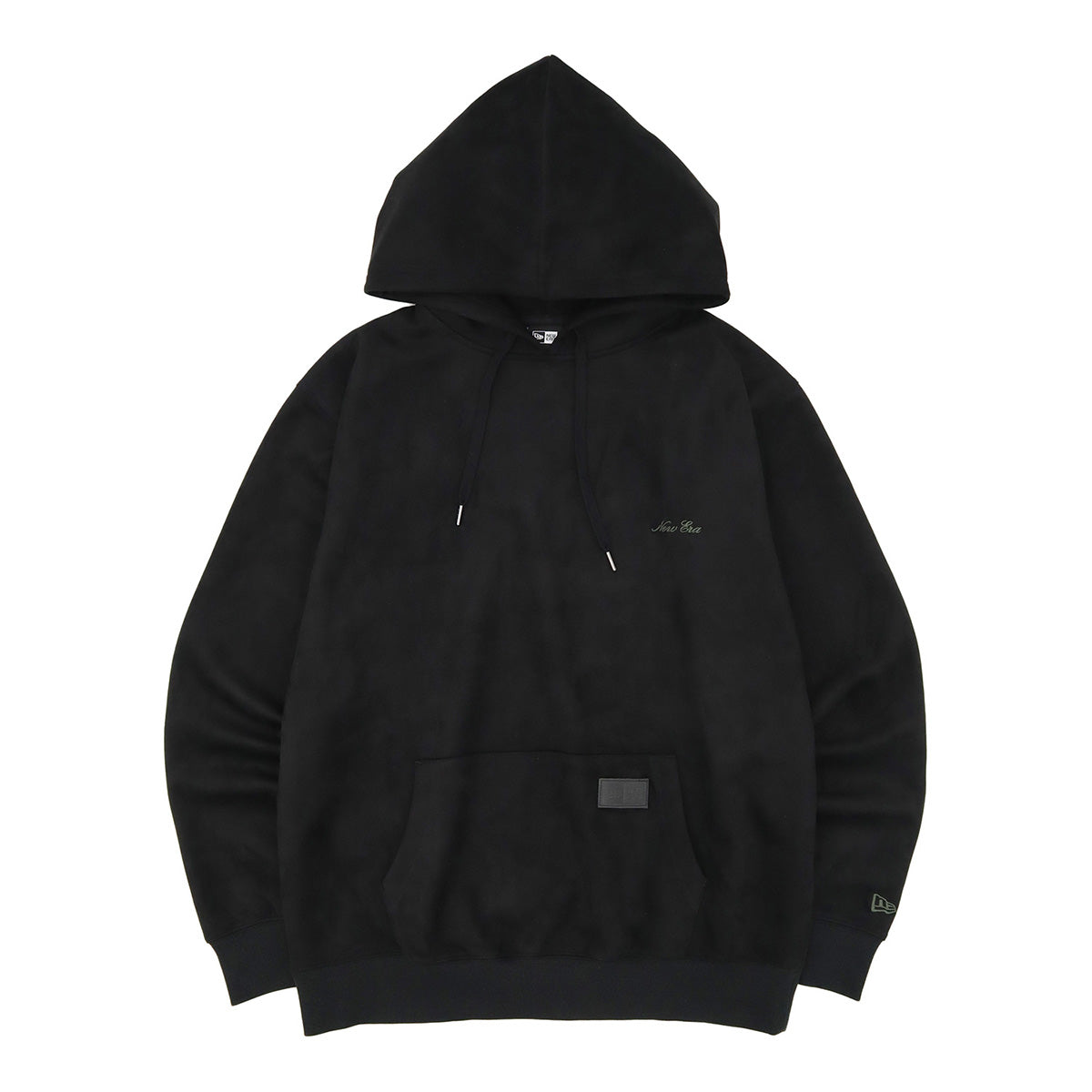 ニューエラ SUEDE PULLOVER HOODIE SCRIPT LOGO BOX LOGO LEATHER PATCH ブラック・ダークグレー