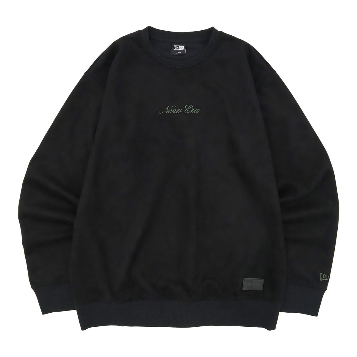 ニューエラ SUEDE CREW NECK SCRIPT LOGO BOX LOGO LEATHER PATCH ブラック・ダークグレー
